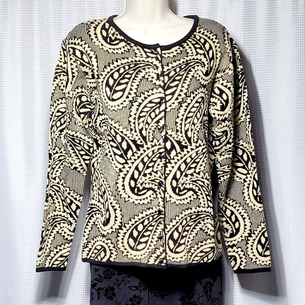 90s Vintage S/J Designs Metallic Gold & Black Paisley Cardigan Women's (S)